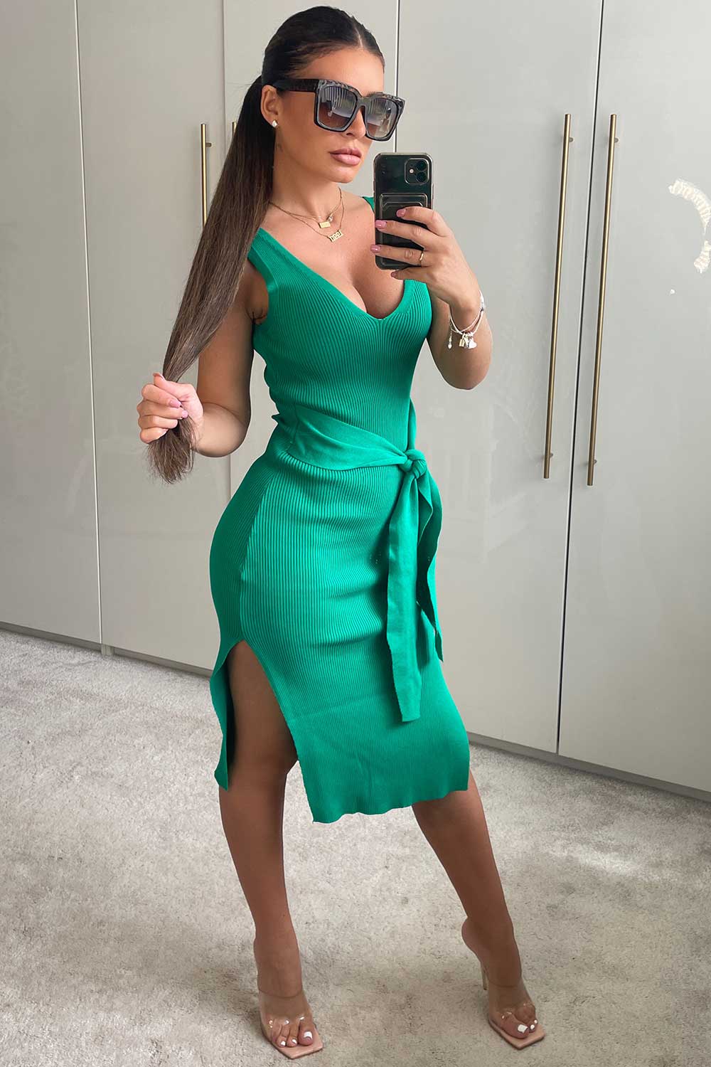 tie waist sleeveless ribbed midi dress