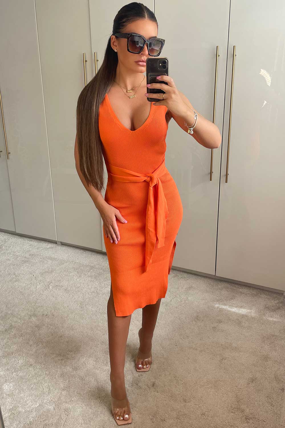 ribbed tie waist sleeveless midi dress orange
