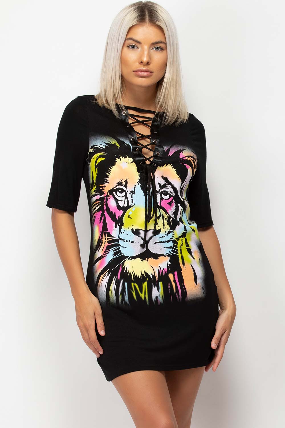 tiger print lace up front t shirt dress black