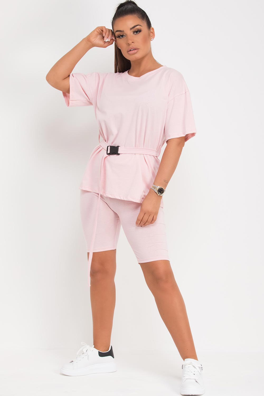 pink utility belted top and cycling shorts co ord set