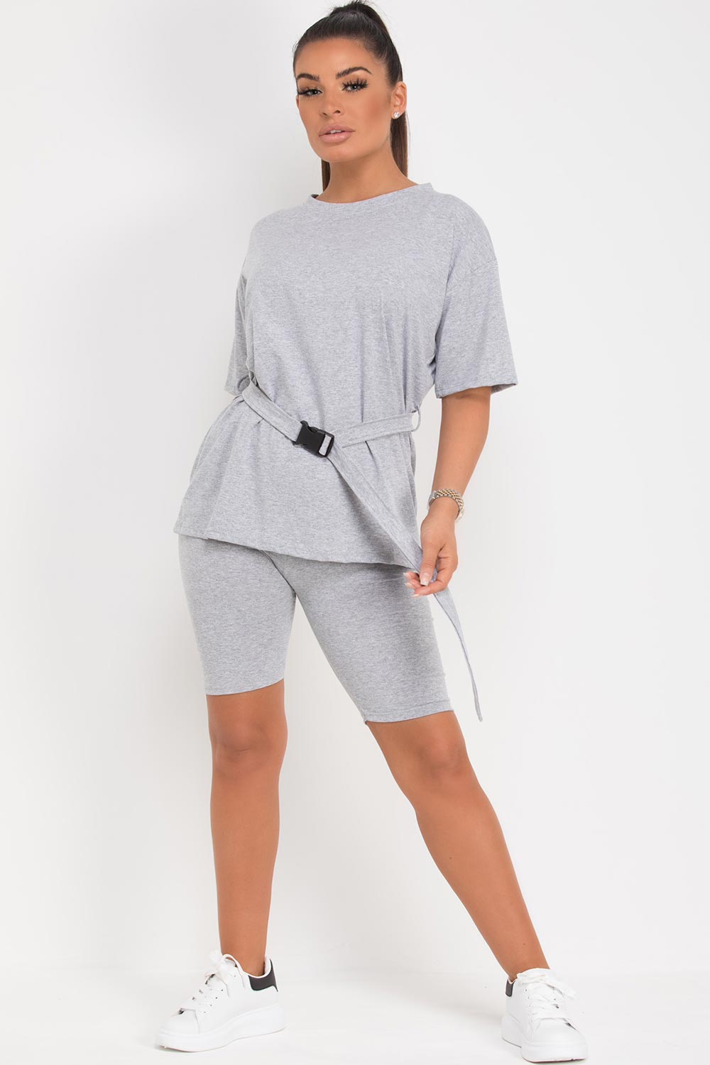 grey oversized top with utility belt cycling shorts set