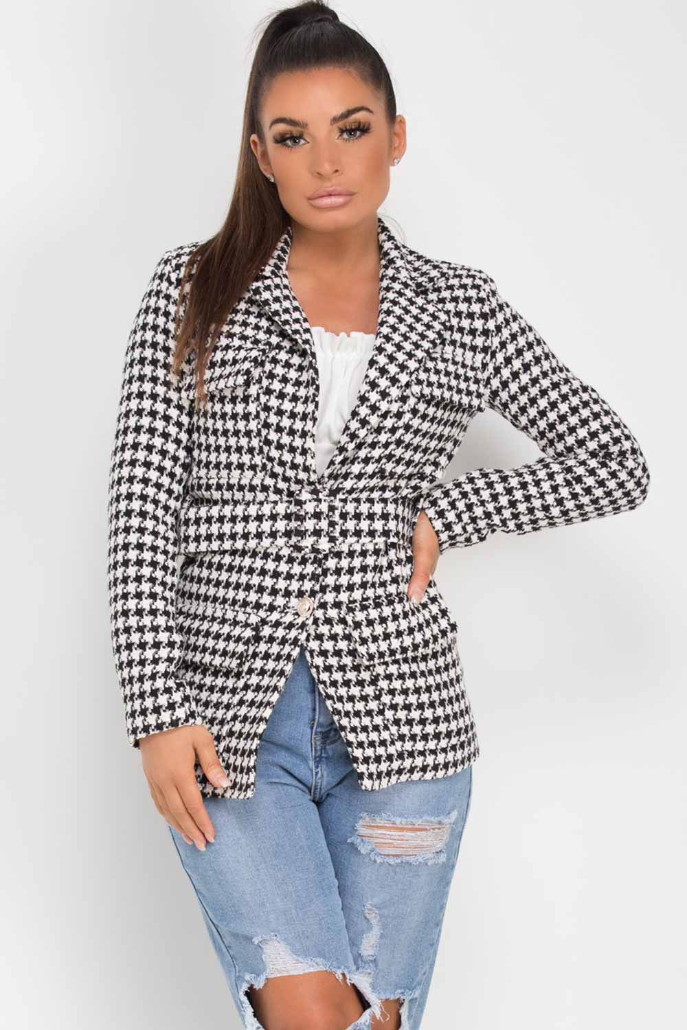 tweed belted blazer black white