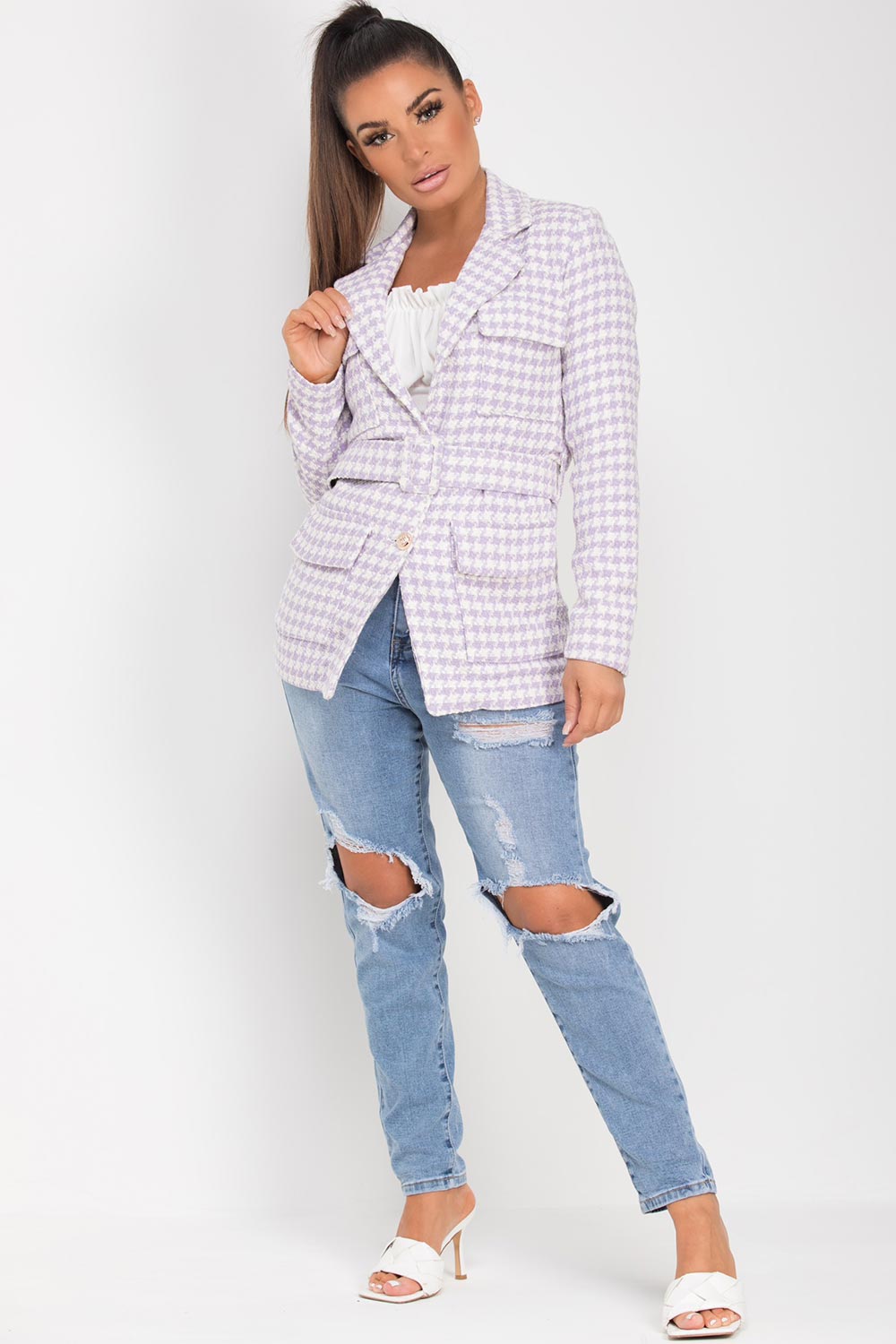 womens tweeb belted blazer lilac