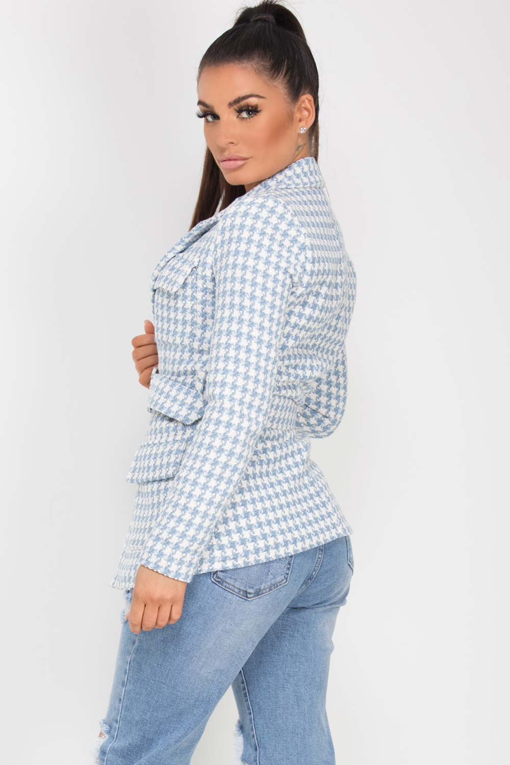 womens hounds tooth tweed blazer with belt