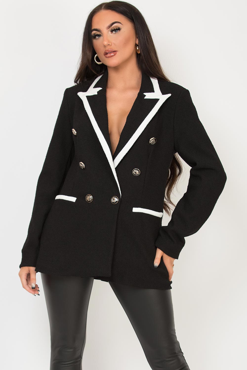 womens black tweed blazer with lapel collar