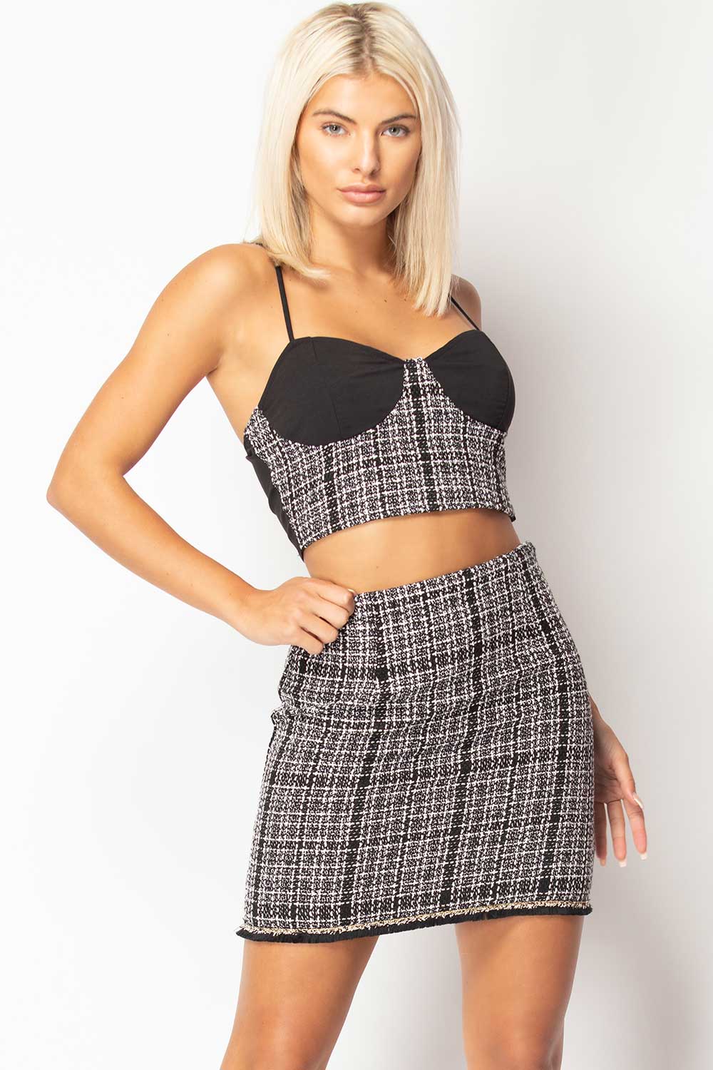 Tweed Skirt Top And Blazer Three Piece Set