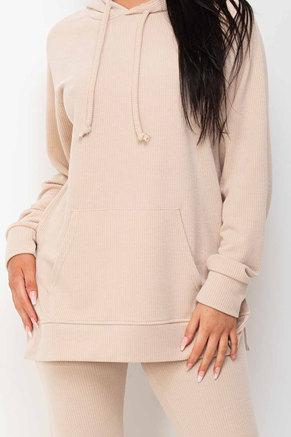 ribbed hooded flared leg trouser and top co ord set