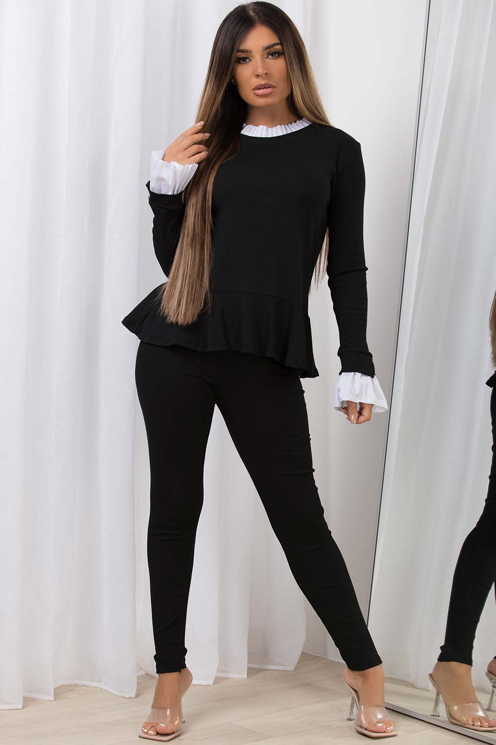 frill neck peplum ribbed co ord set black