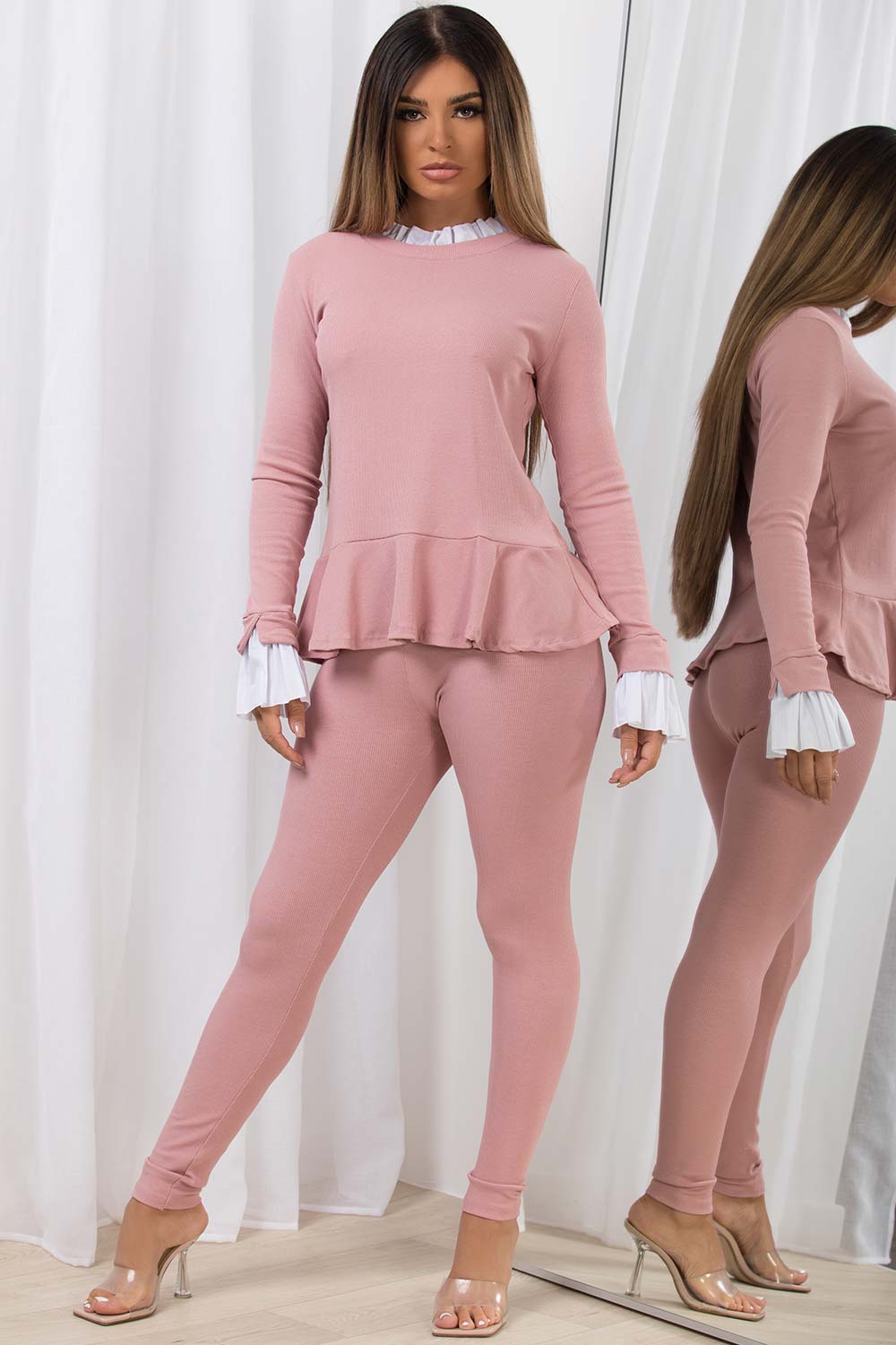 peplum frill long sleeve ribbed co ord set