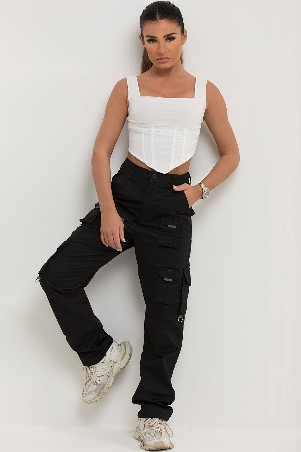 black high waisted straight leg cargo trousers