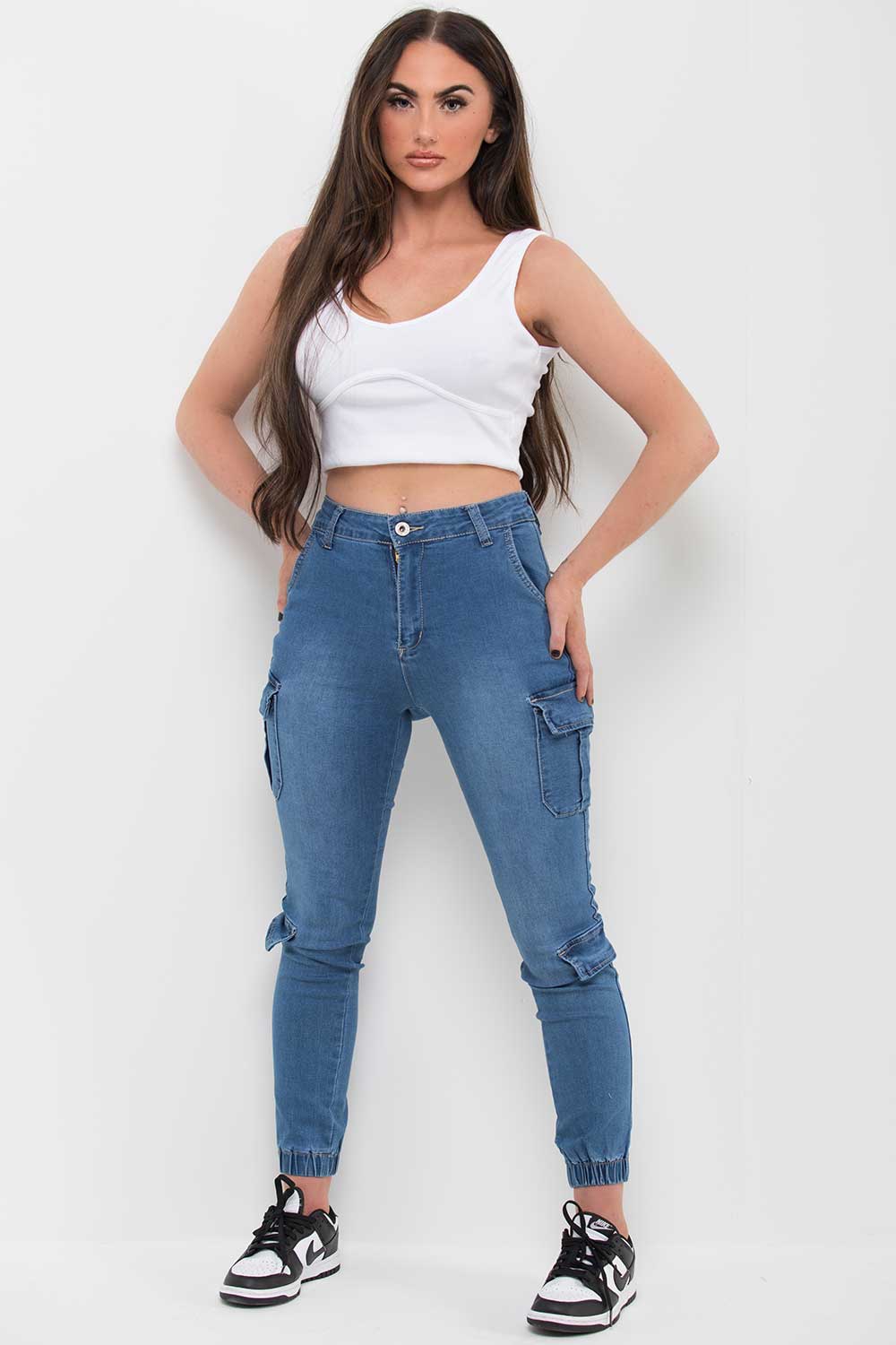 womens combat trousers denim blue