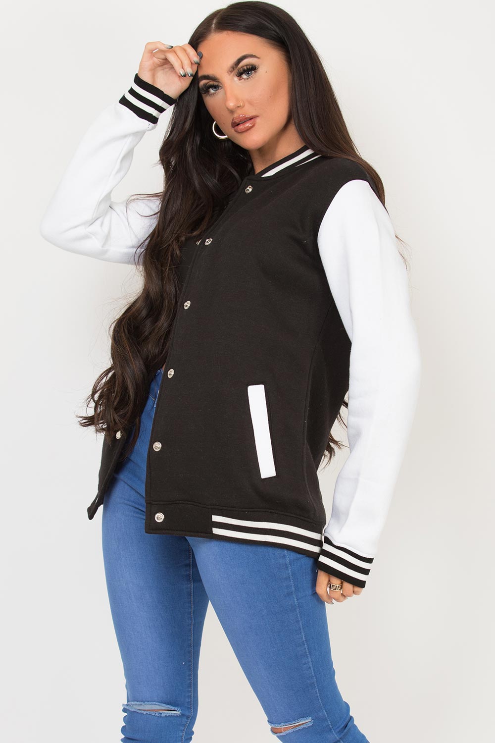 womens black varsity bomber jacket
