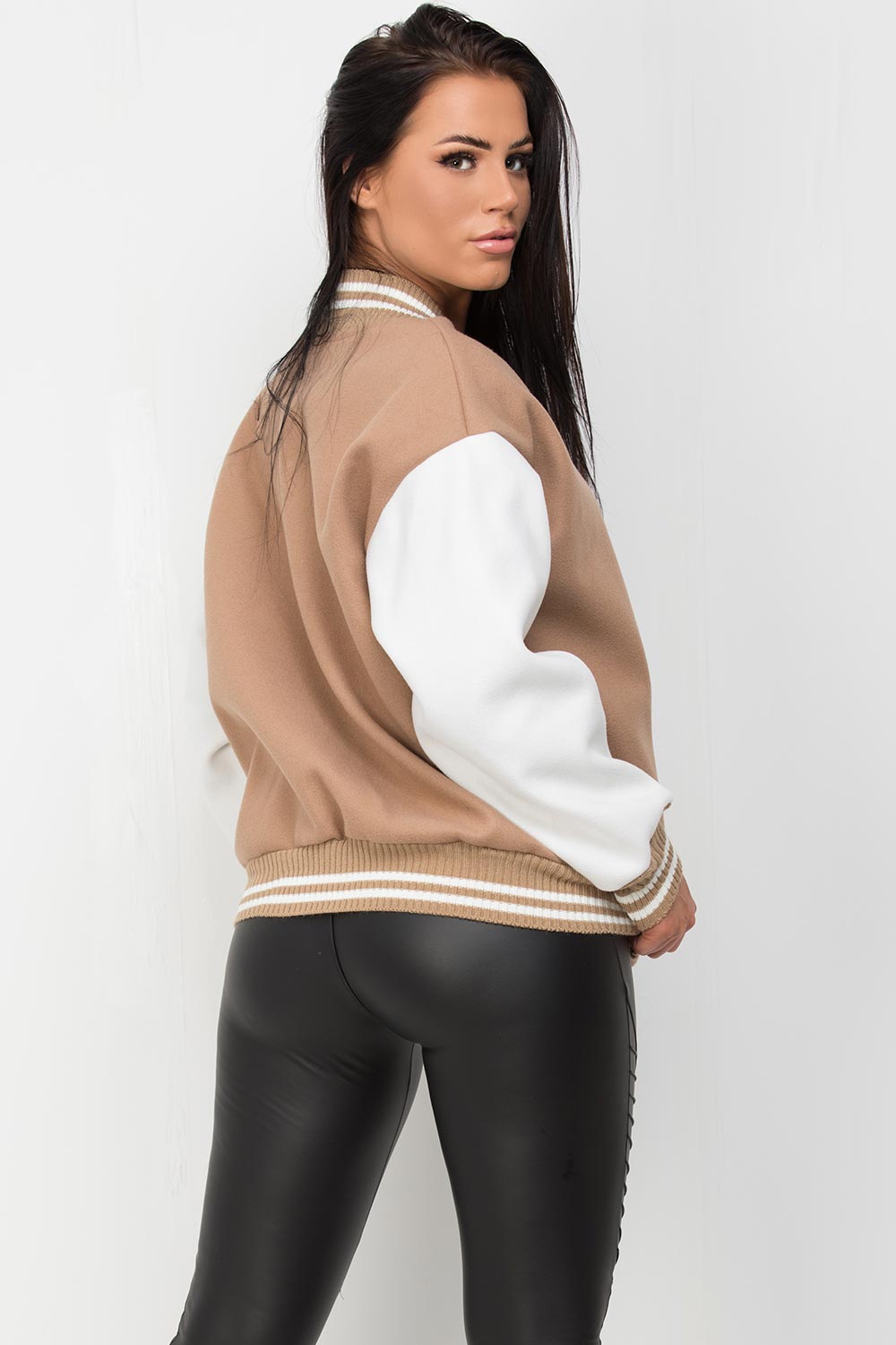 womens baseball varsity bomber jacket beige