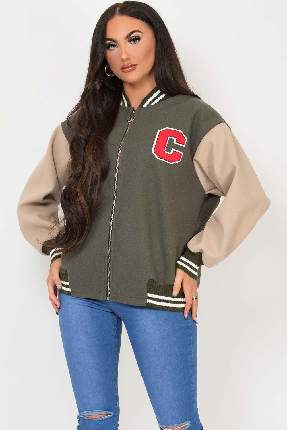 baseball varsity jacket khaki