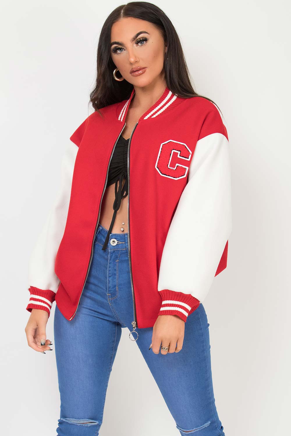 womens baseball letterman jacket red