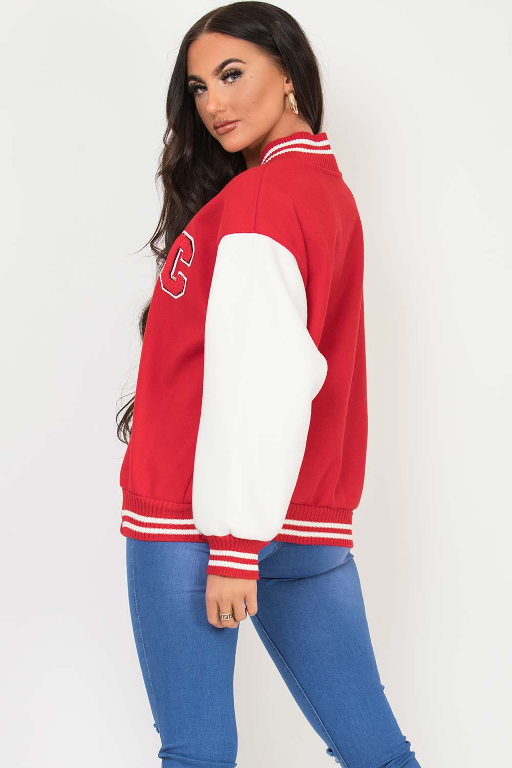 red baseball varsity bomber jacket womens