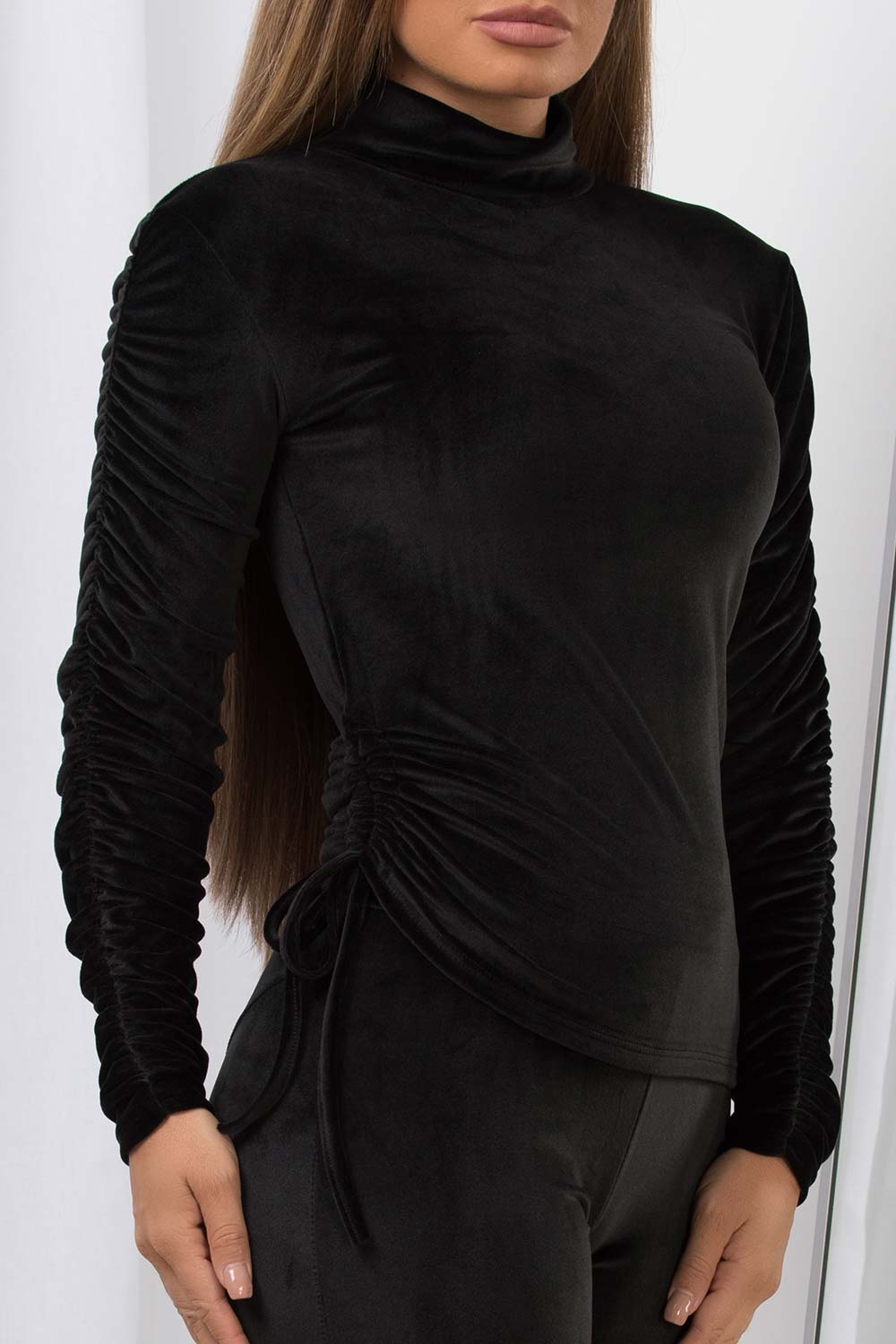 black velour co ord lounge set with ruched sleeves