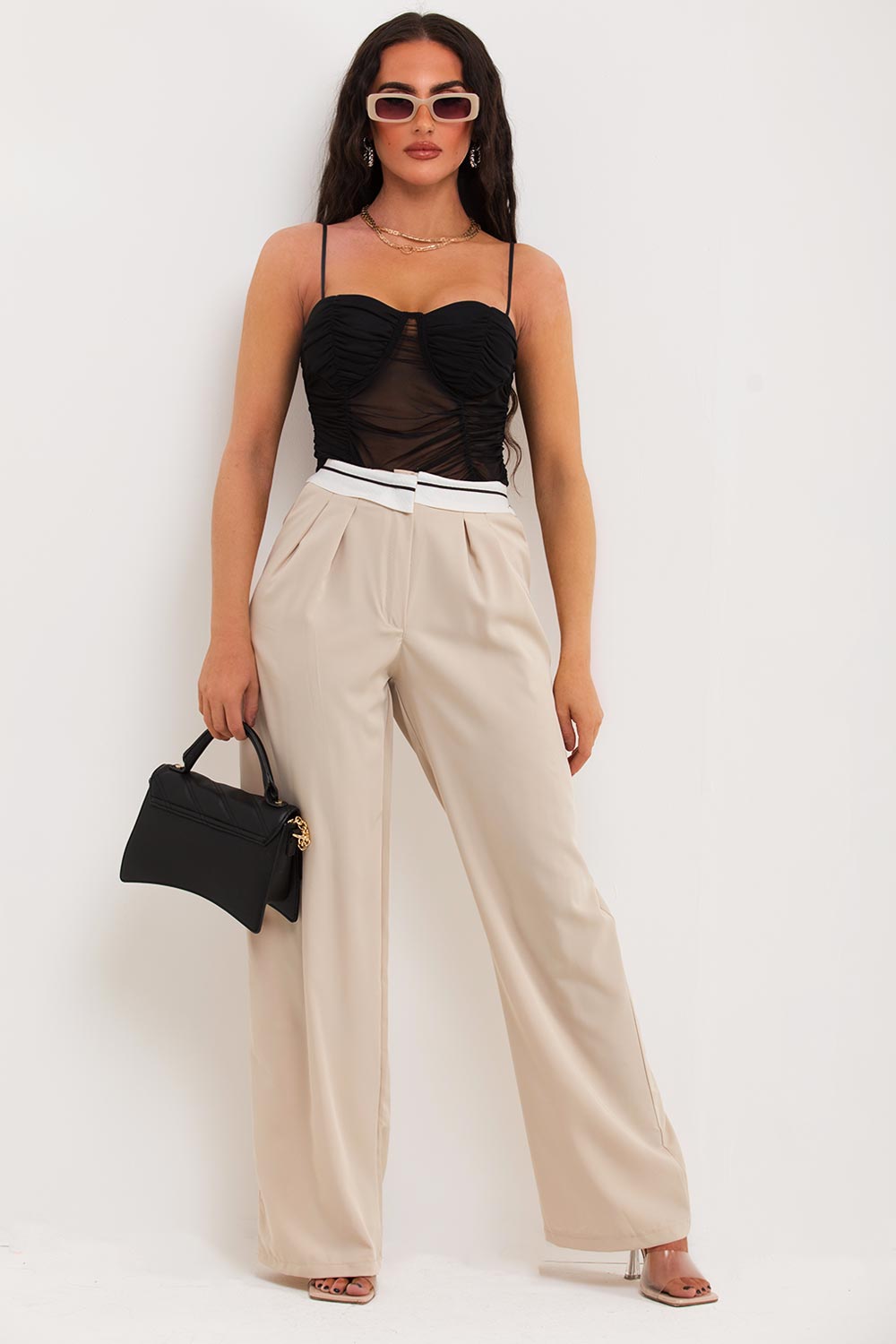 womens turn over waistband wide leg trousers