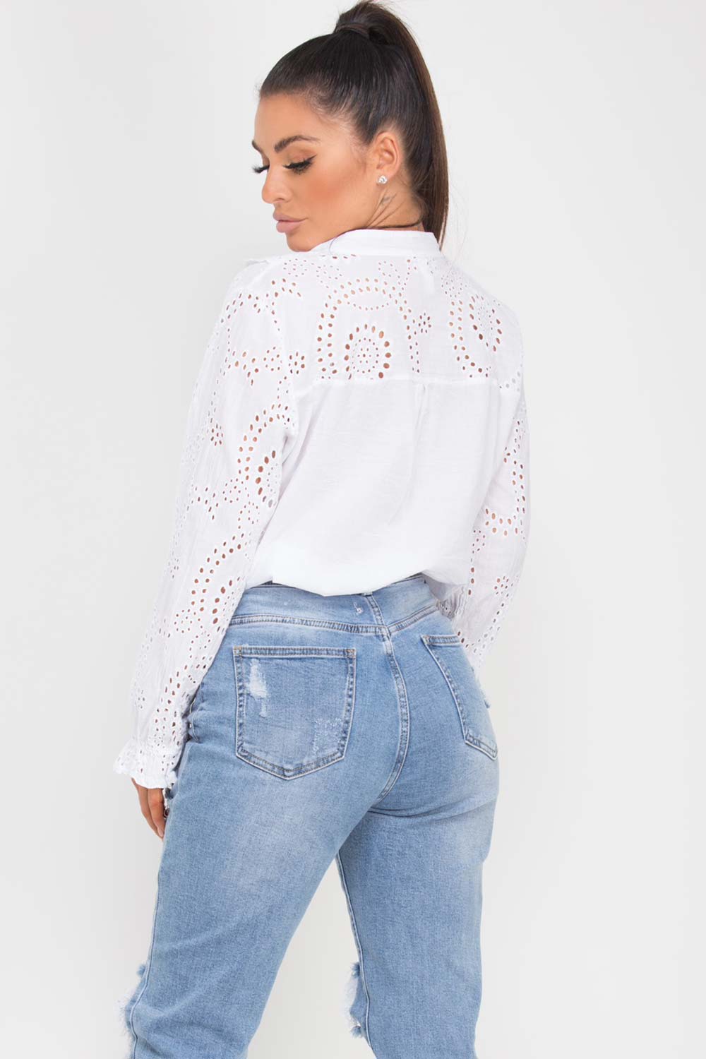white broderie anglaise ruffle top