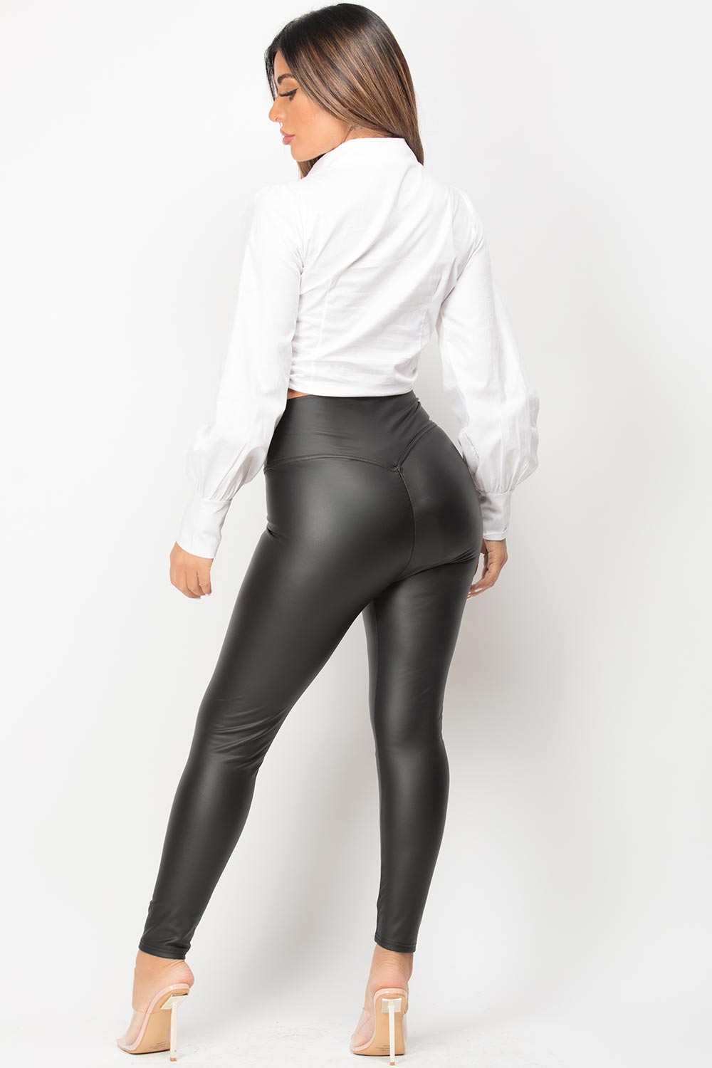 white crop shirt with ruched drawstring front