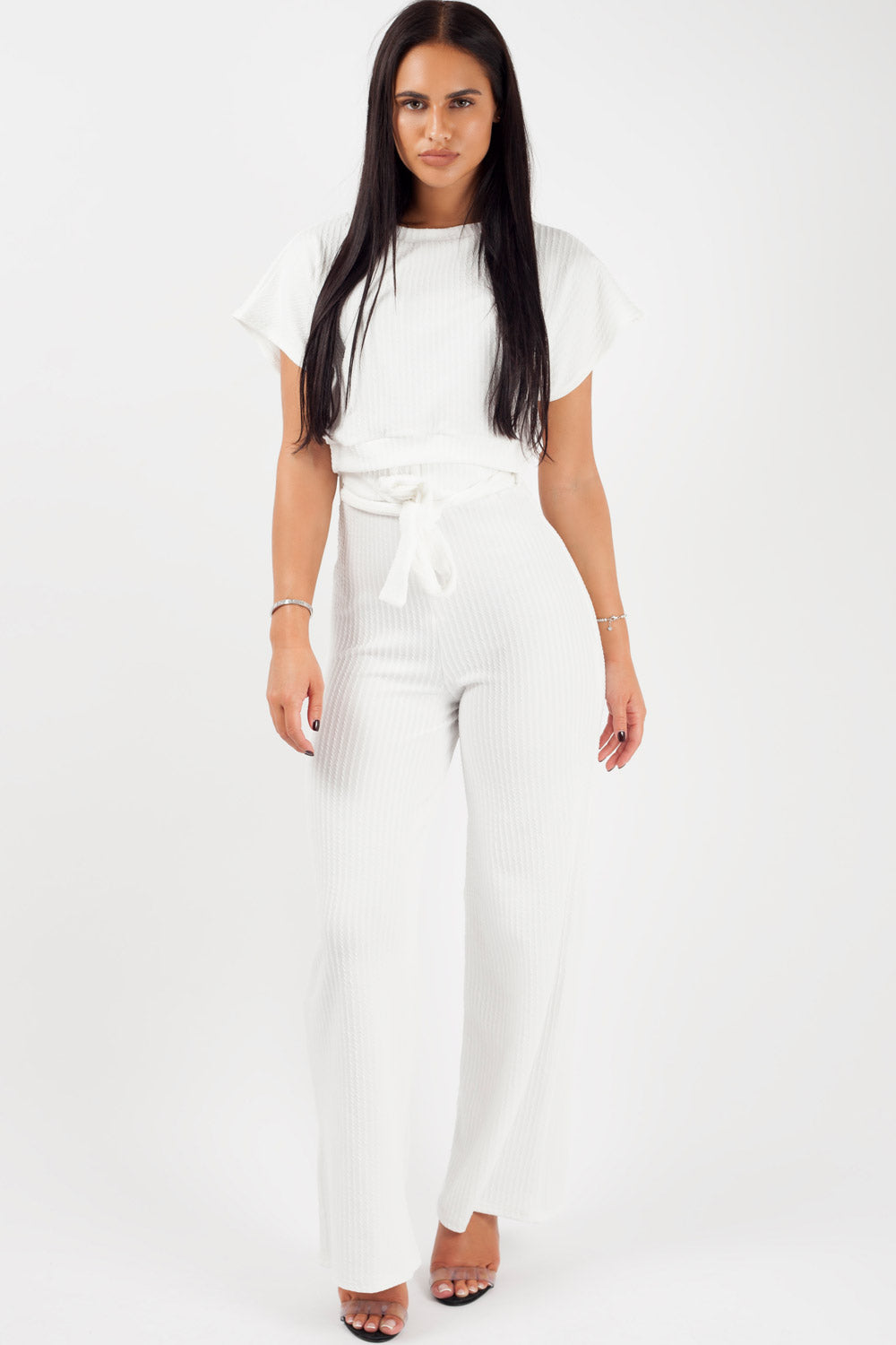 wide leg trousers and crop top loungewear co ord set