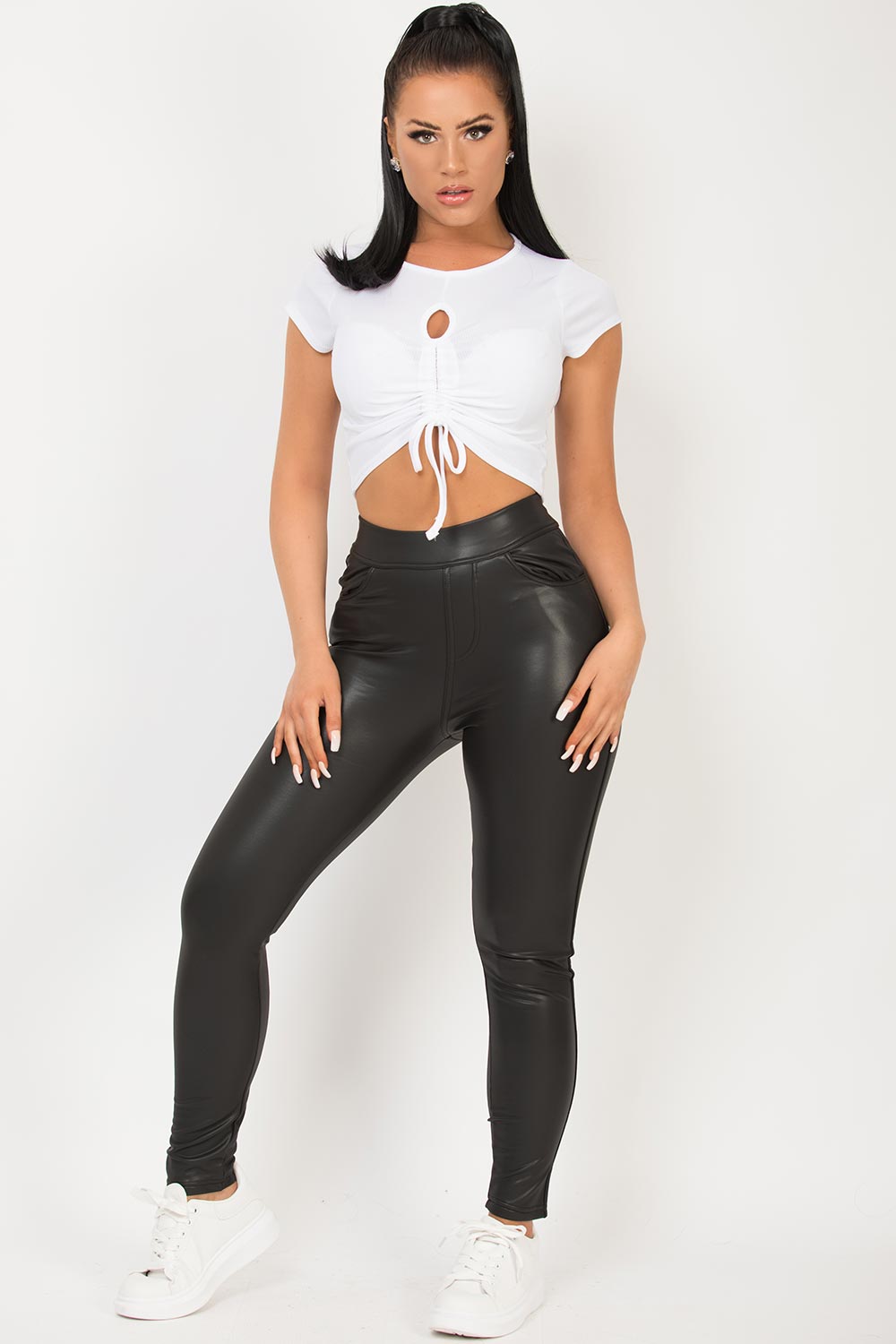 white crop top with ruched cut out front