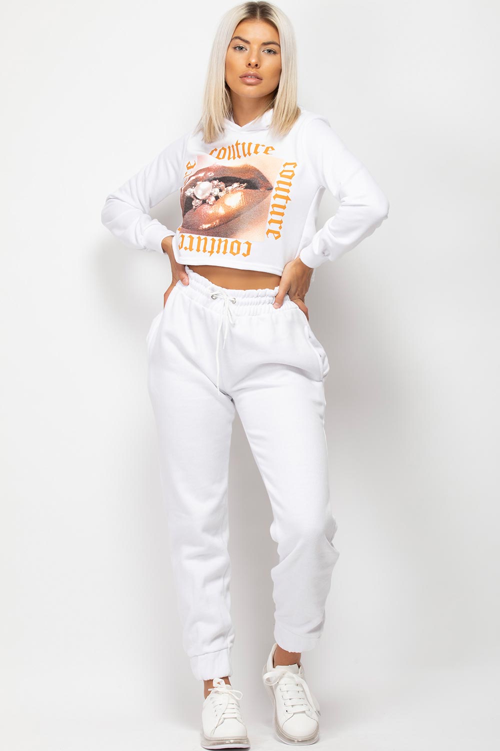 White Couture Graphic Slogan Cropped Hoodie