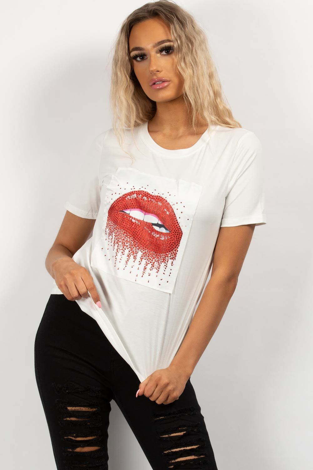 white lips slogan top womens