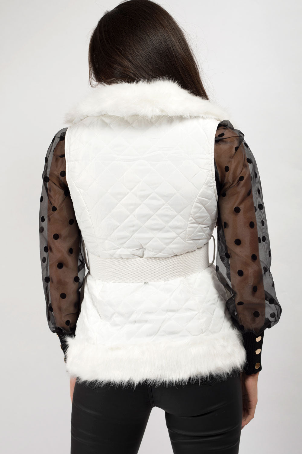 White Faux Fur Gilet With Gold Belt