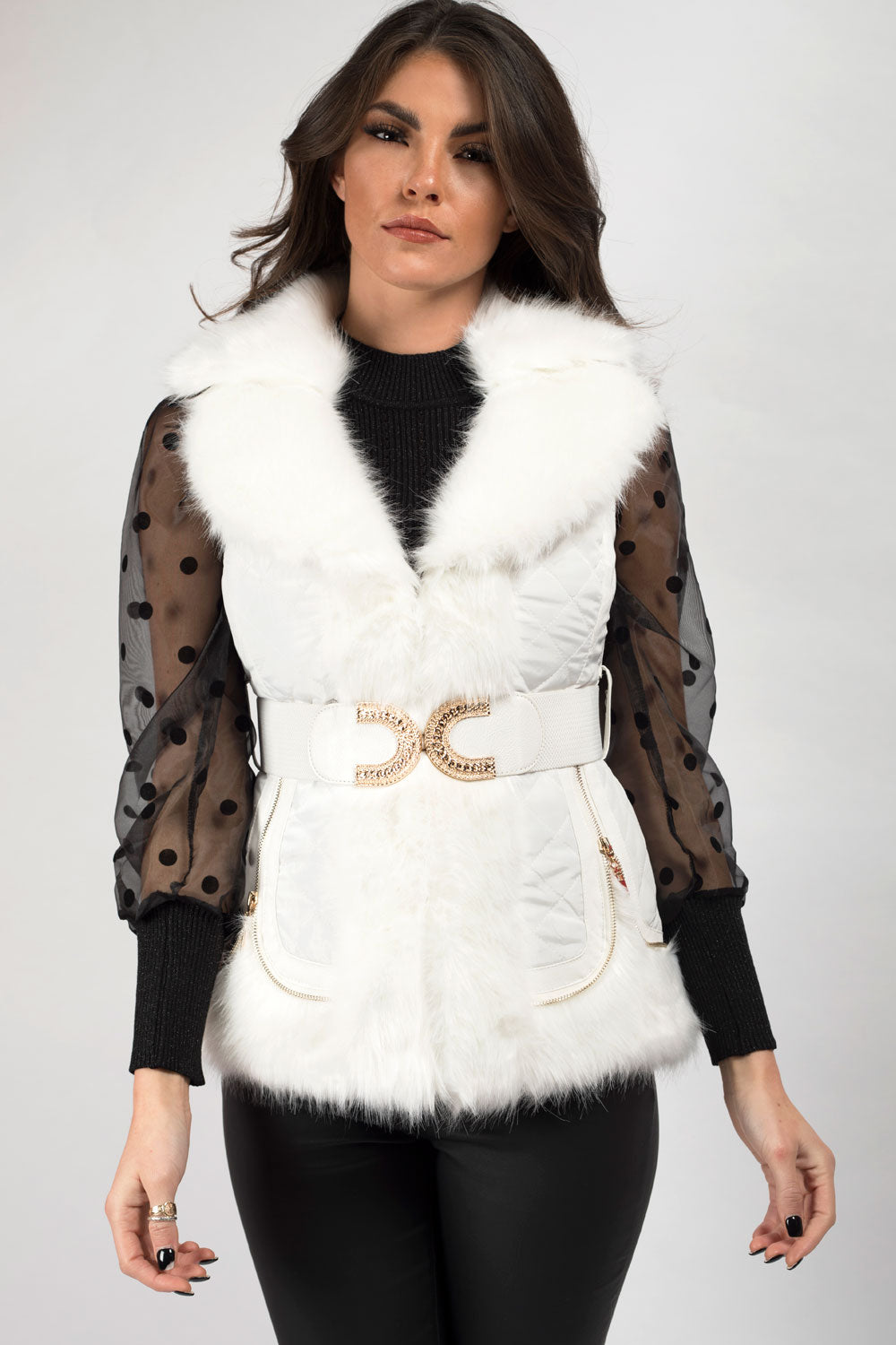 White Faux Fur Gilet With Gold Belt