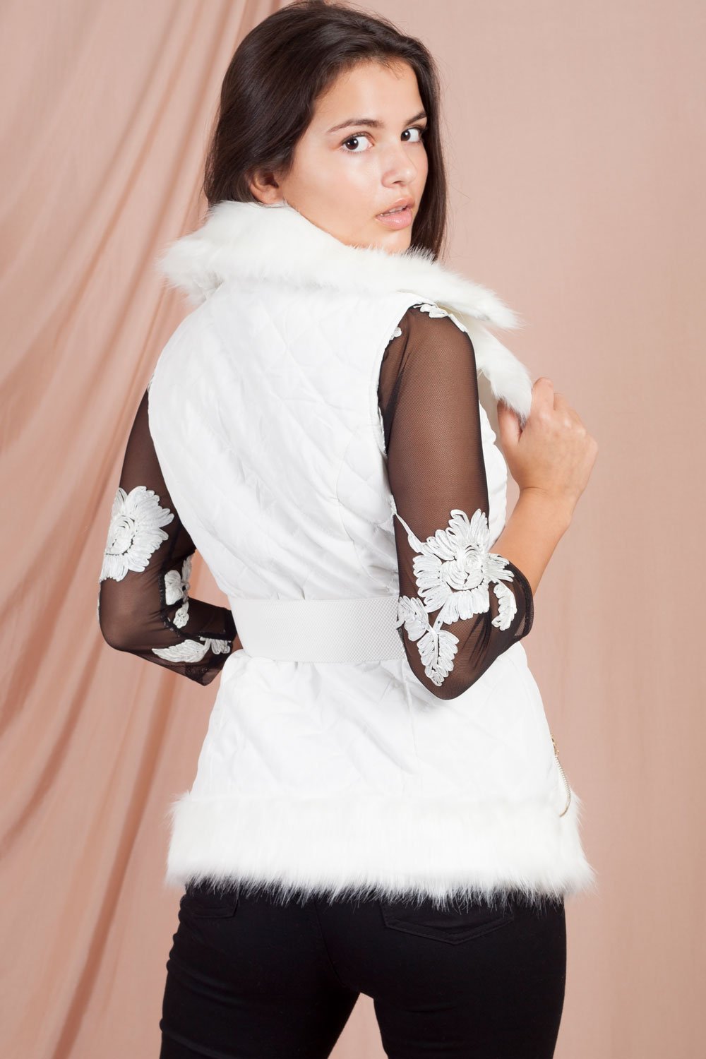 white faux fur gilet