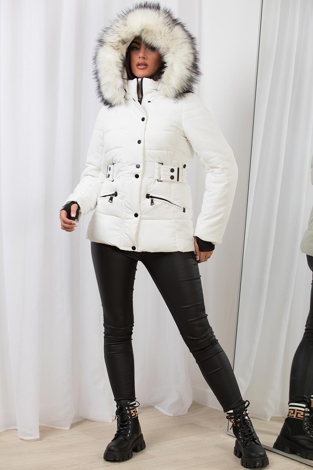 white puffer jacket with faux fur hood