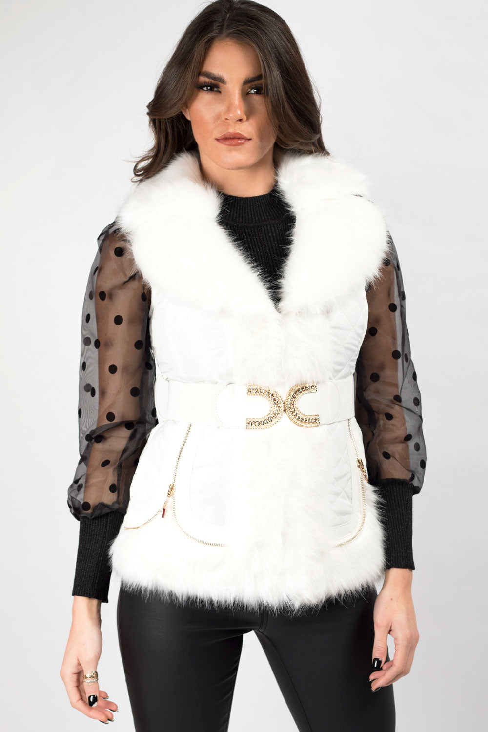 White Faux Fur Gilet With Gold Belt