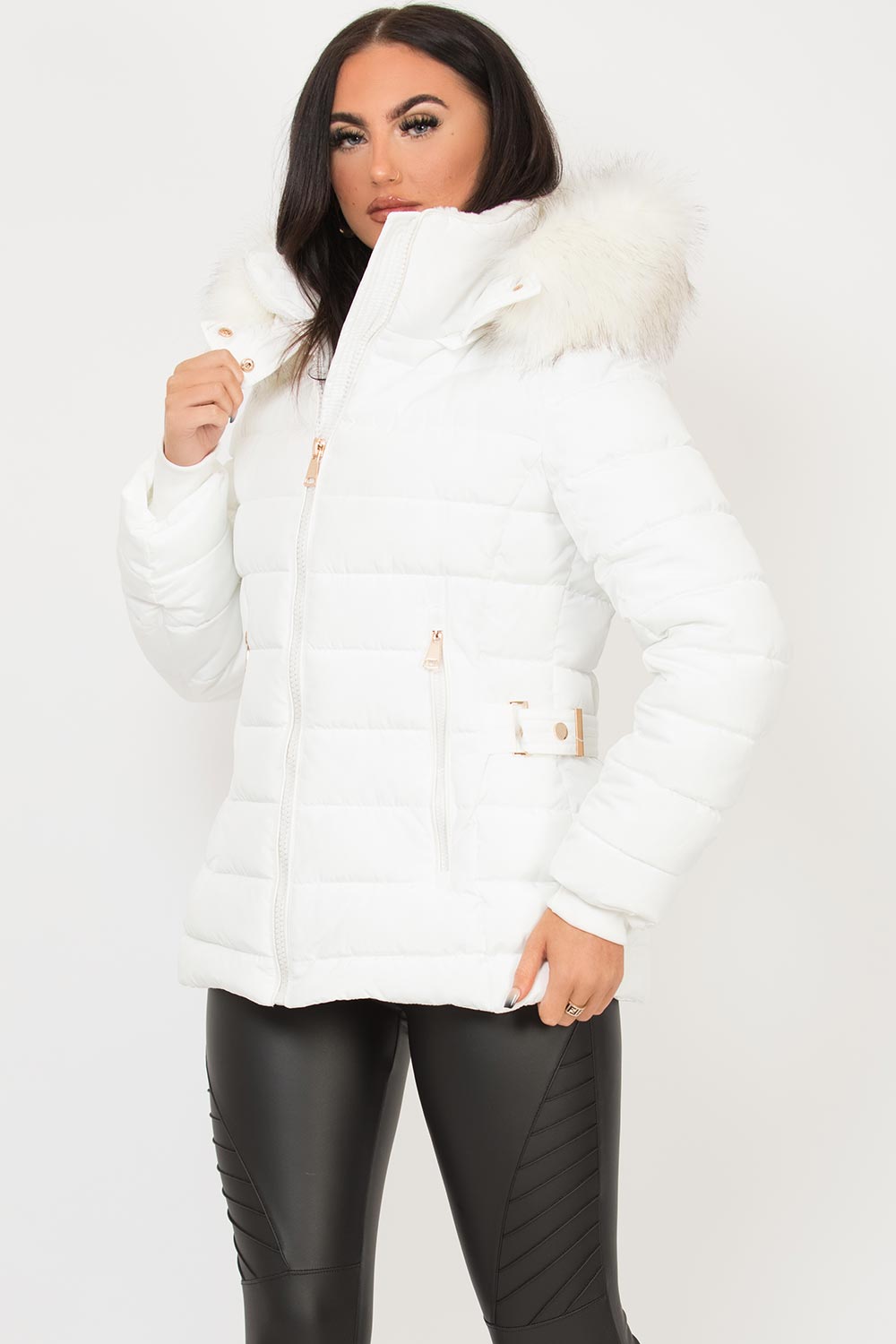 womens white puffer padded jacket with big fur hood