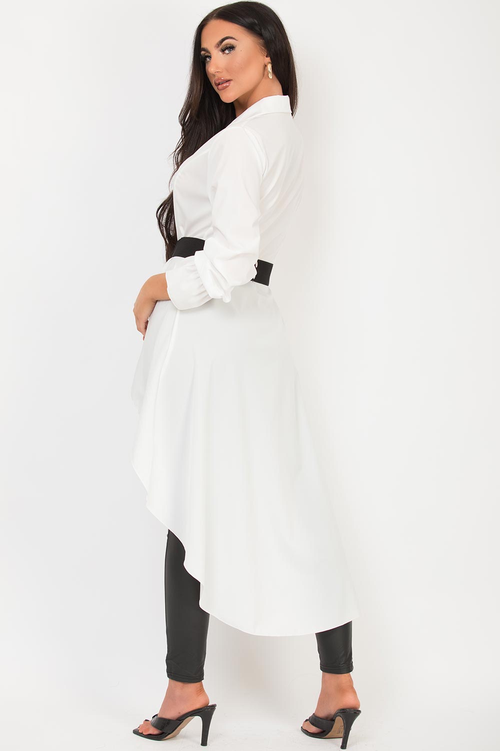 womens white high low hem shirt with gold chain belt