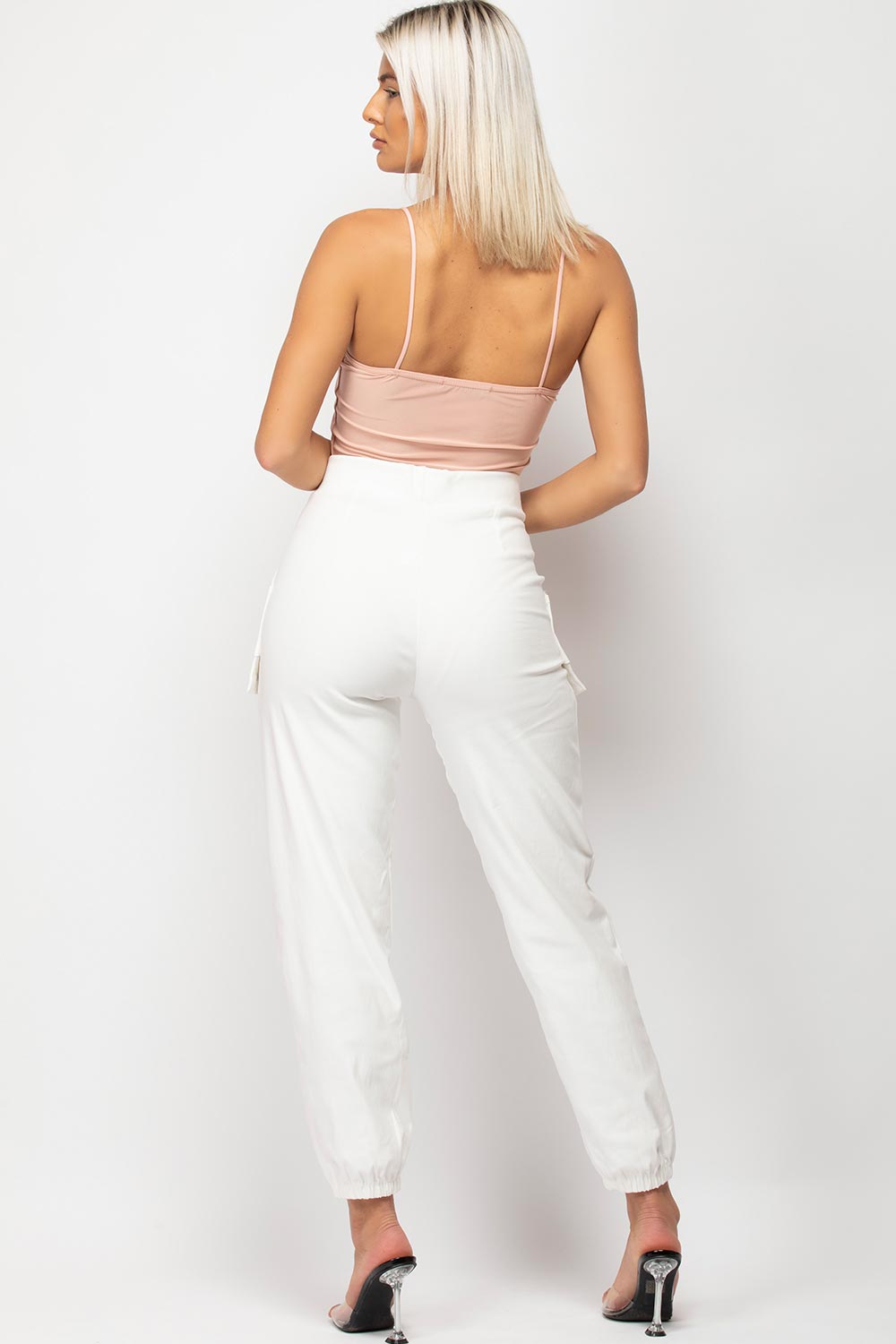 womens white slim fit cargo trousers