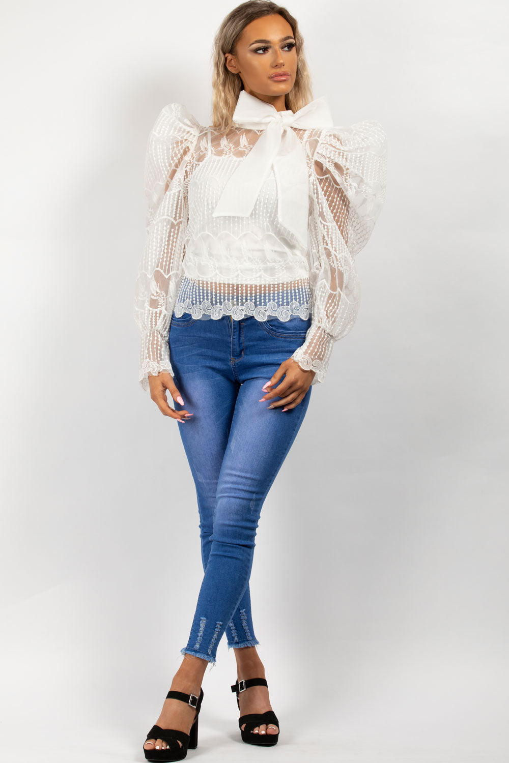 white puff sleeve lace blouse