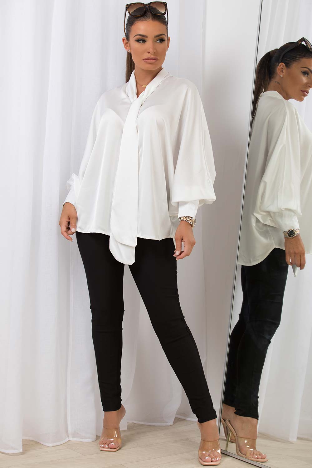 long sleeve pussy bow blouse top