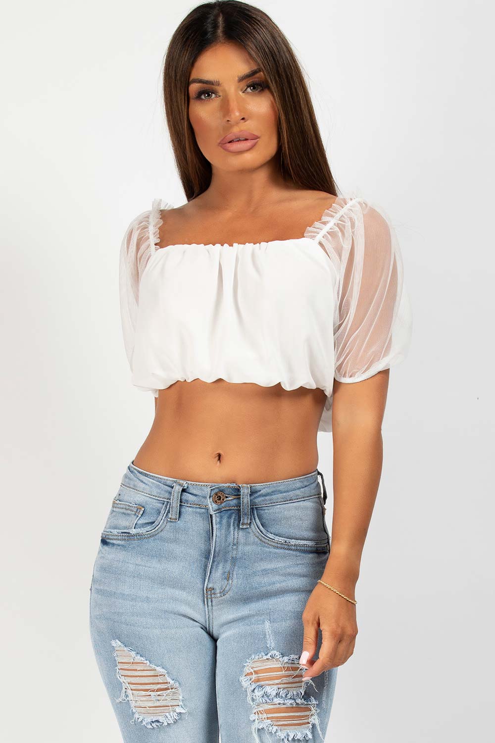 puff sleeve white lace crop top