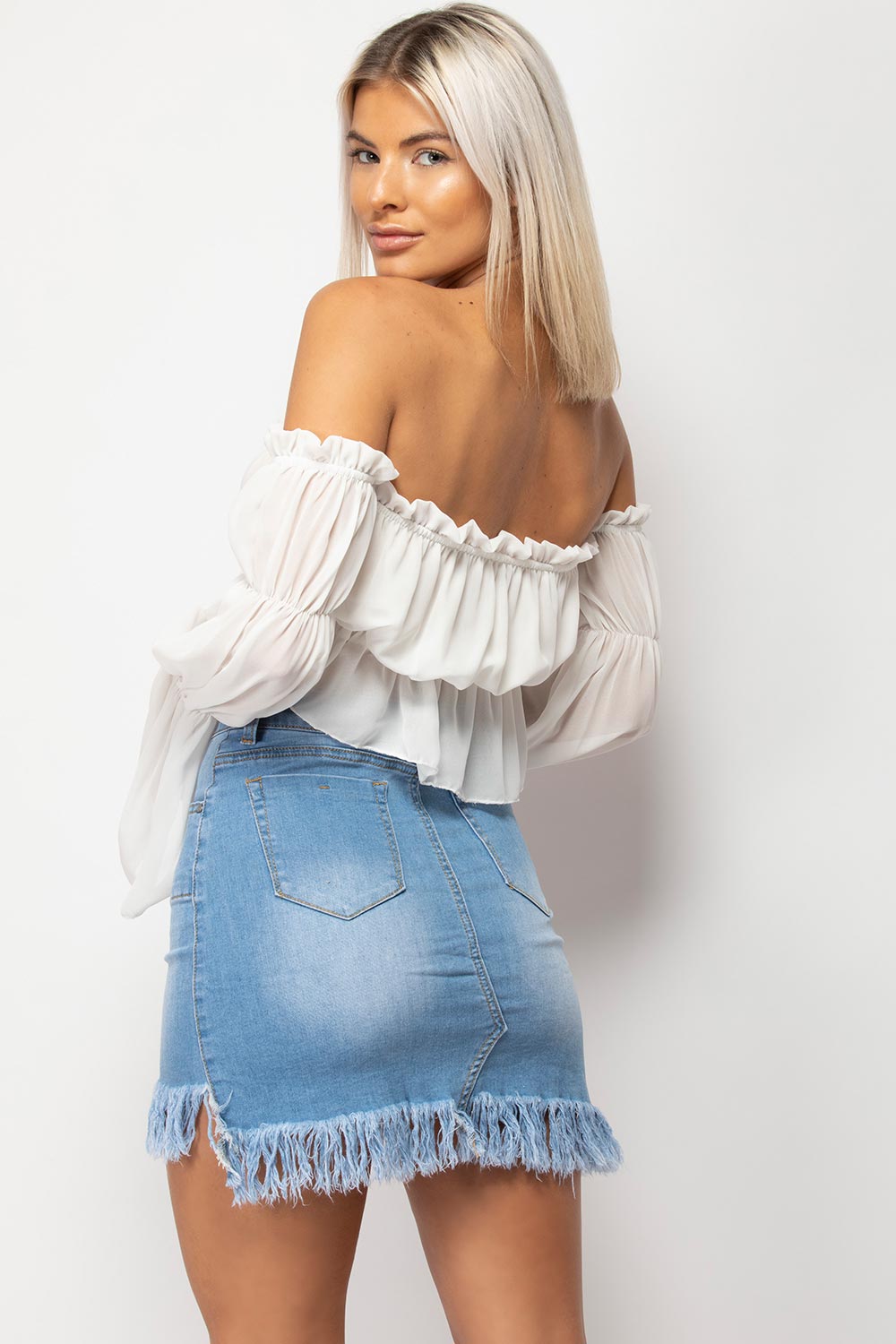 white flared sleeve crop top