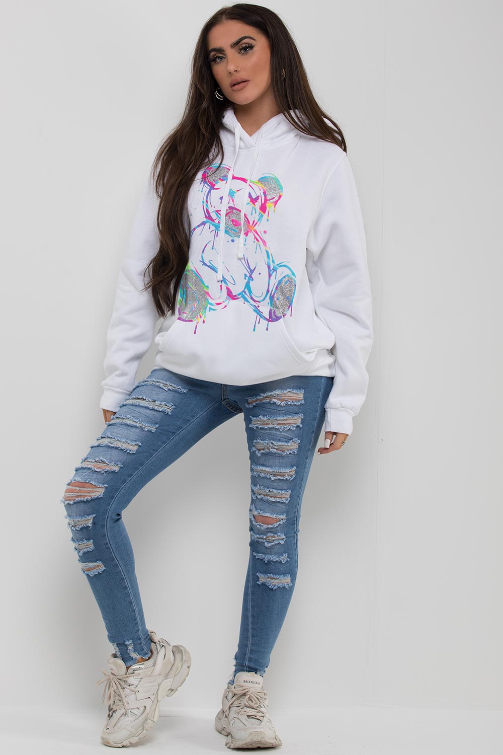 white oversized teddy bear hoodie