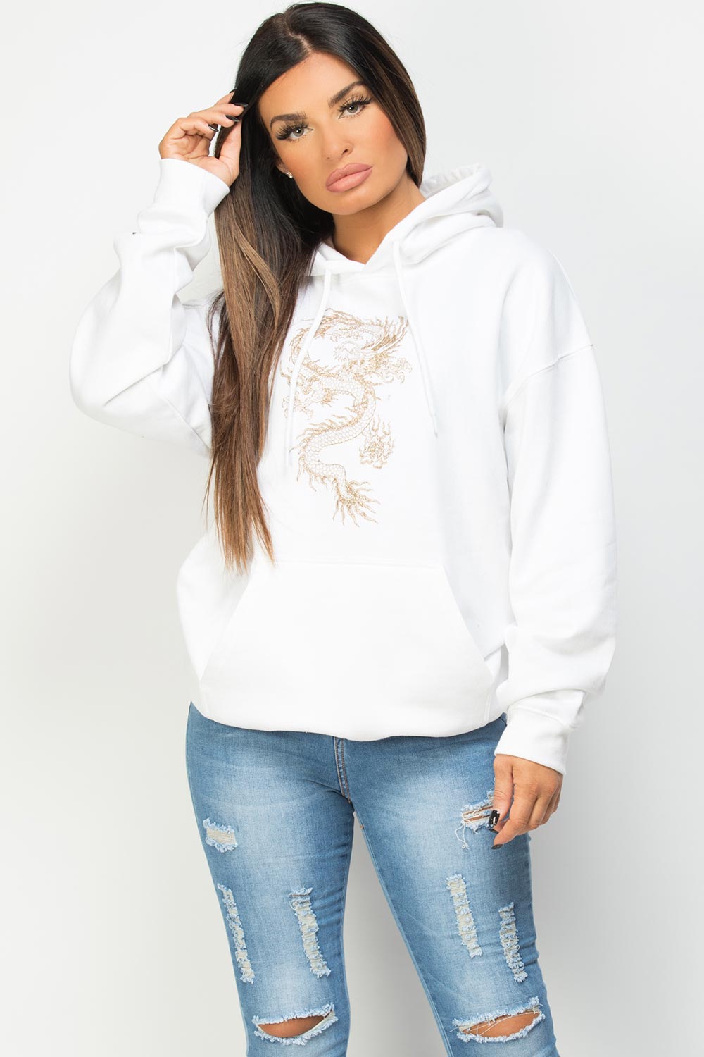dragon print white oversized hoodie
