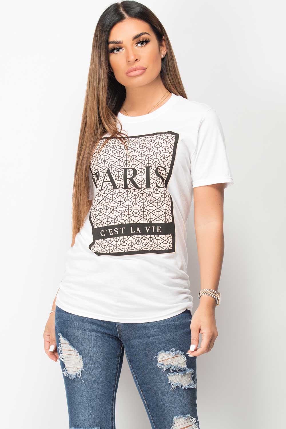 white oversized paris slogan t shirt