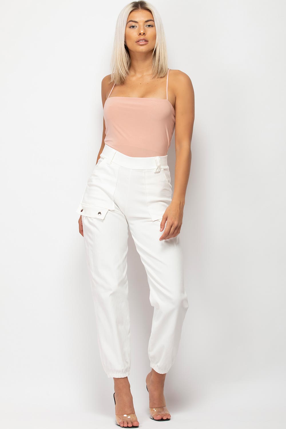 white high waisted cargo trousers womens