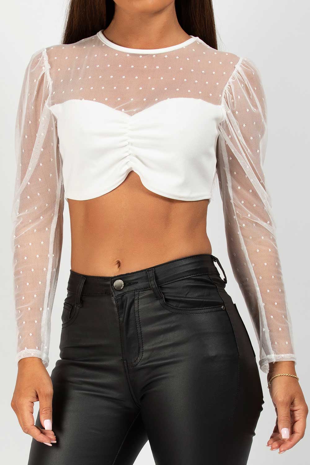 white sheer mesh long sleeve crop top