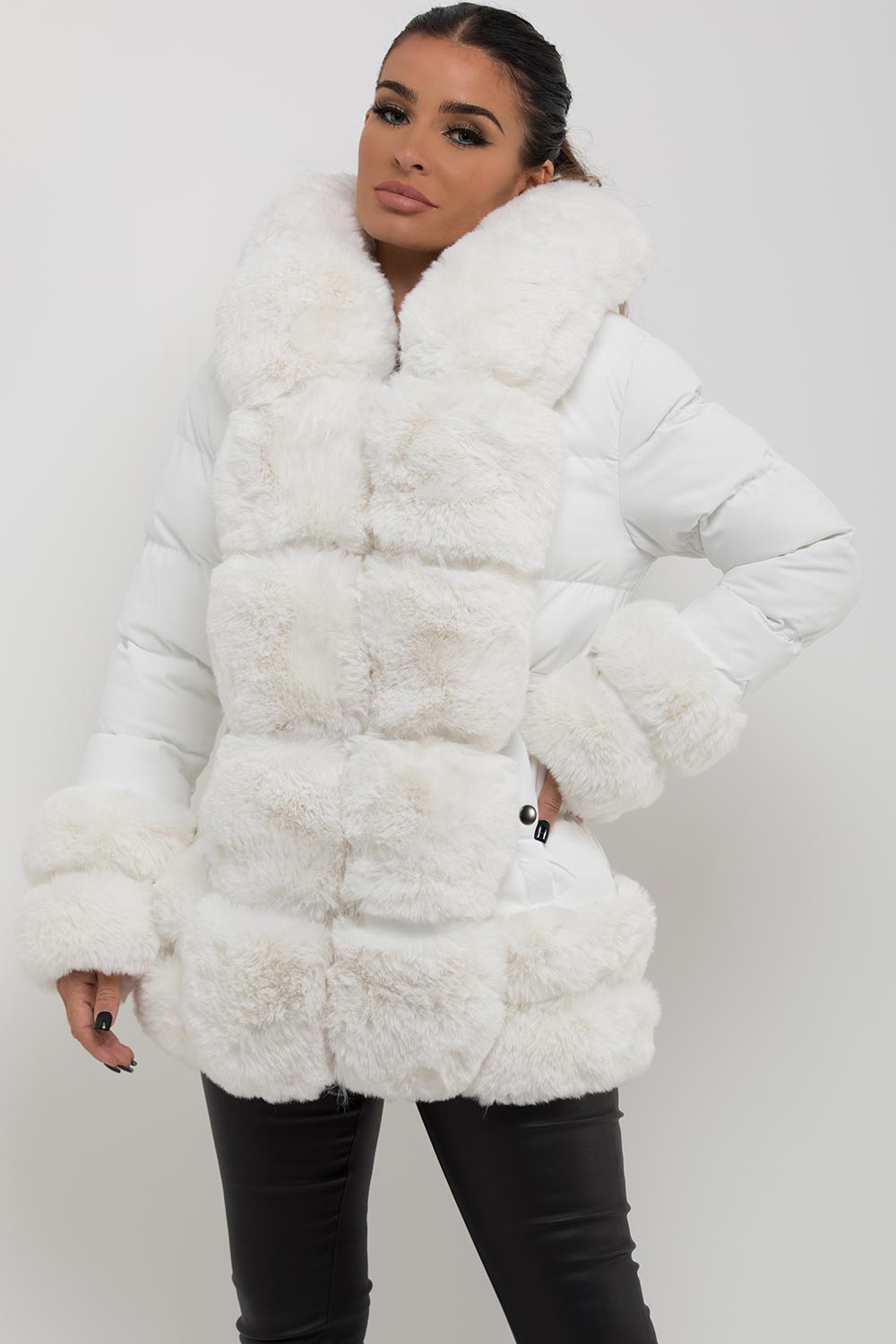 puffer jacket with white fur hood and trim