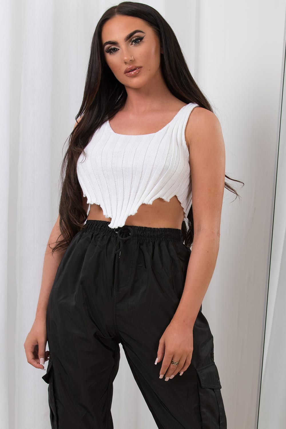 white rib knit corset crop top with distressed hem