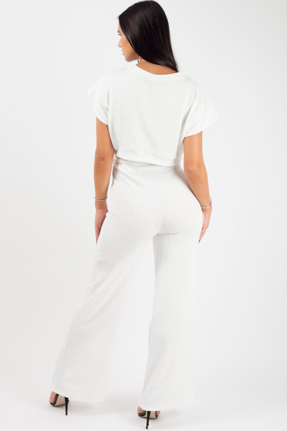 white crop top and wide leg trouser set
