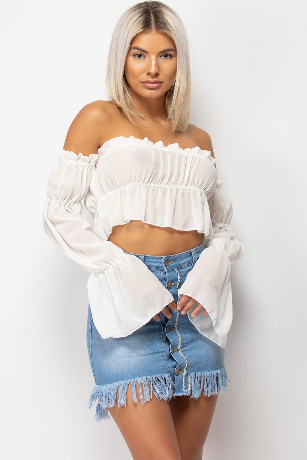 bardot flared sleeve frill crop top