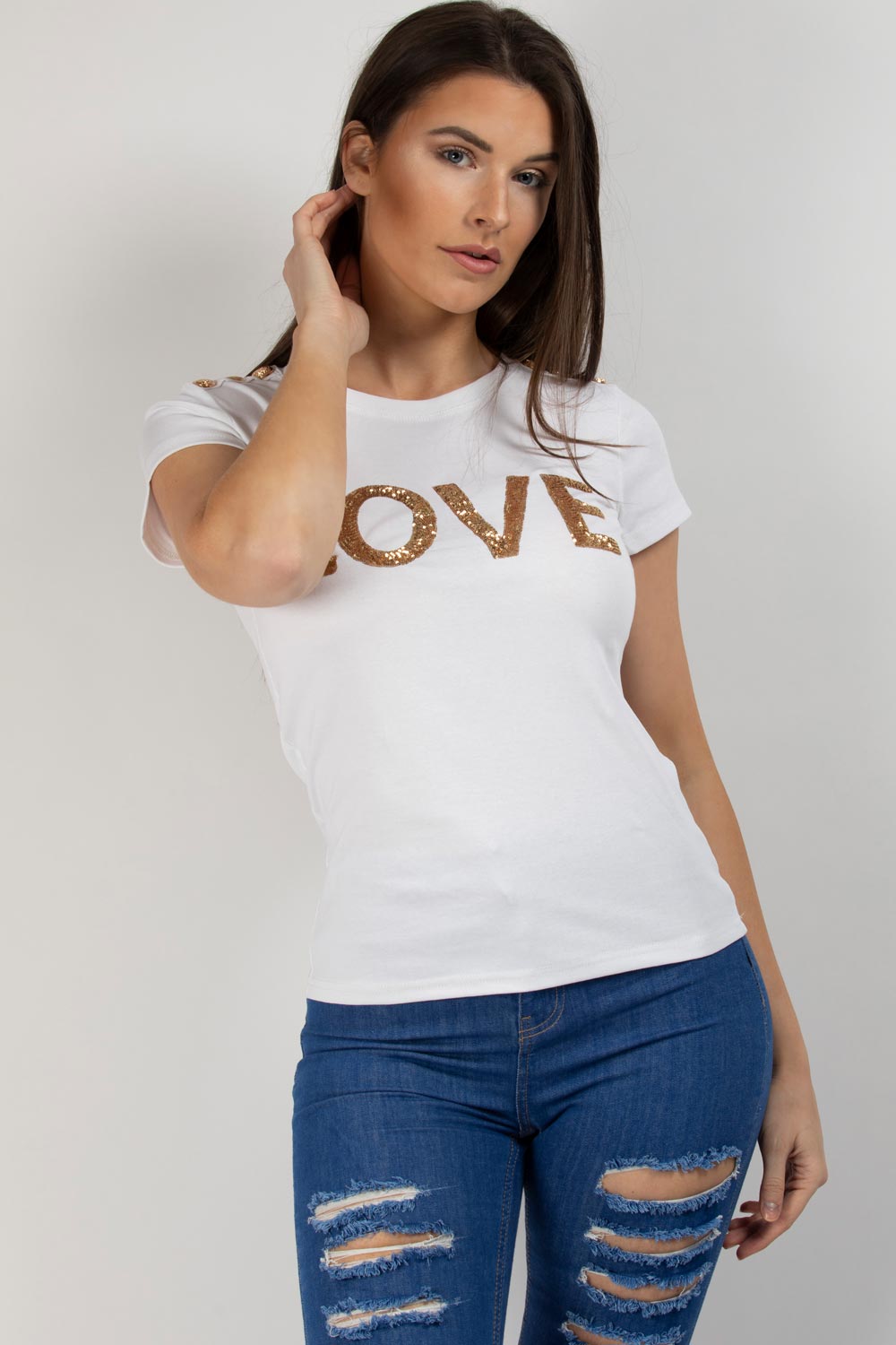 love sequin embellished t shirt white